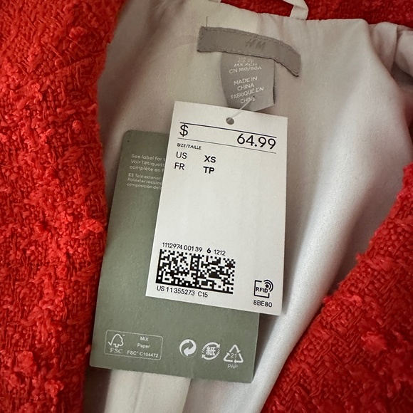 NWT H&M Textured-Weave Tweed Jacket Blazer Orange Red XS - Picture 6 of 16